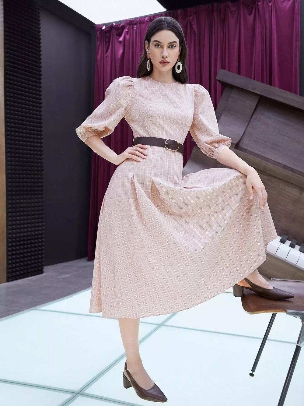 Pink Checked Puff-Sleeve Midi Dress